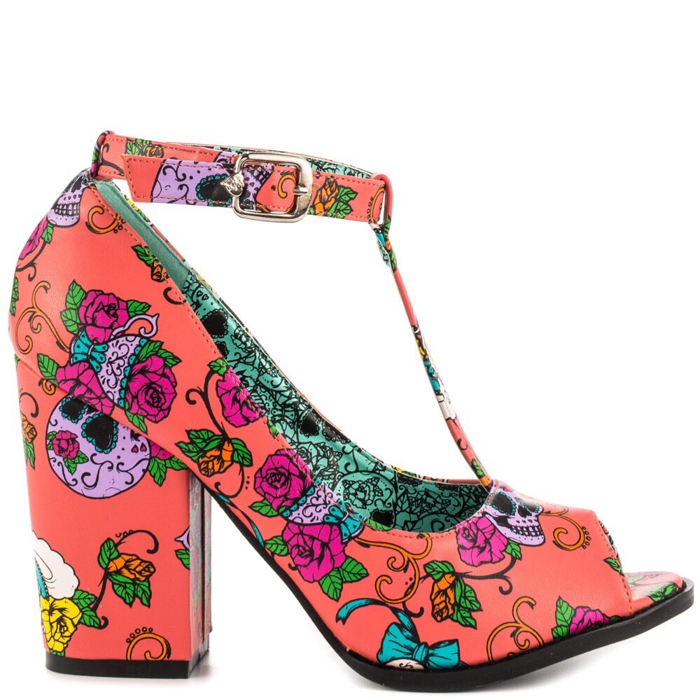 Coral Peeptoe Heels w/ Pink Skulls